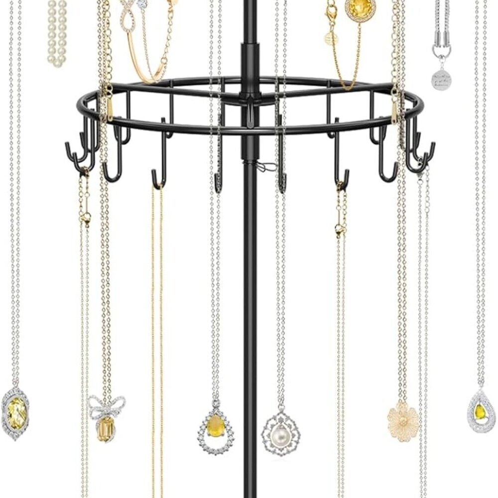 2 Tier Rotating Necklace Organizer with Jewelry Tray, Adjustable Metal Necklace